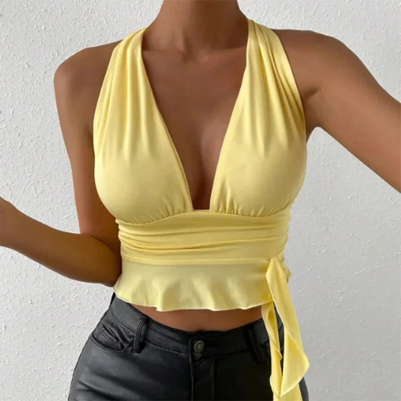 Women’s Tight Fitting Deep V-neck Pleated Top - Other
