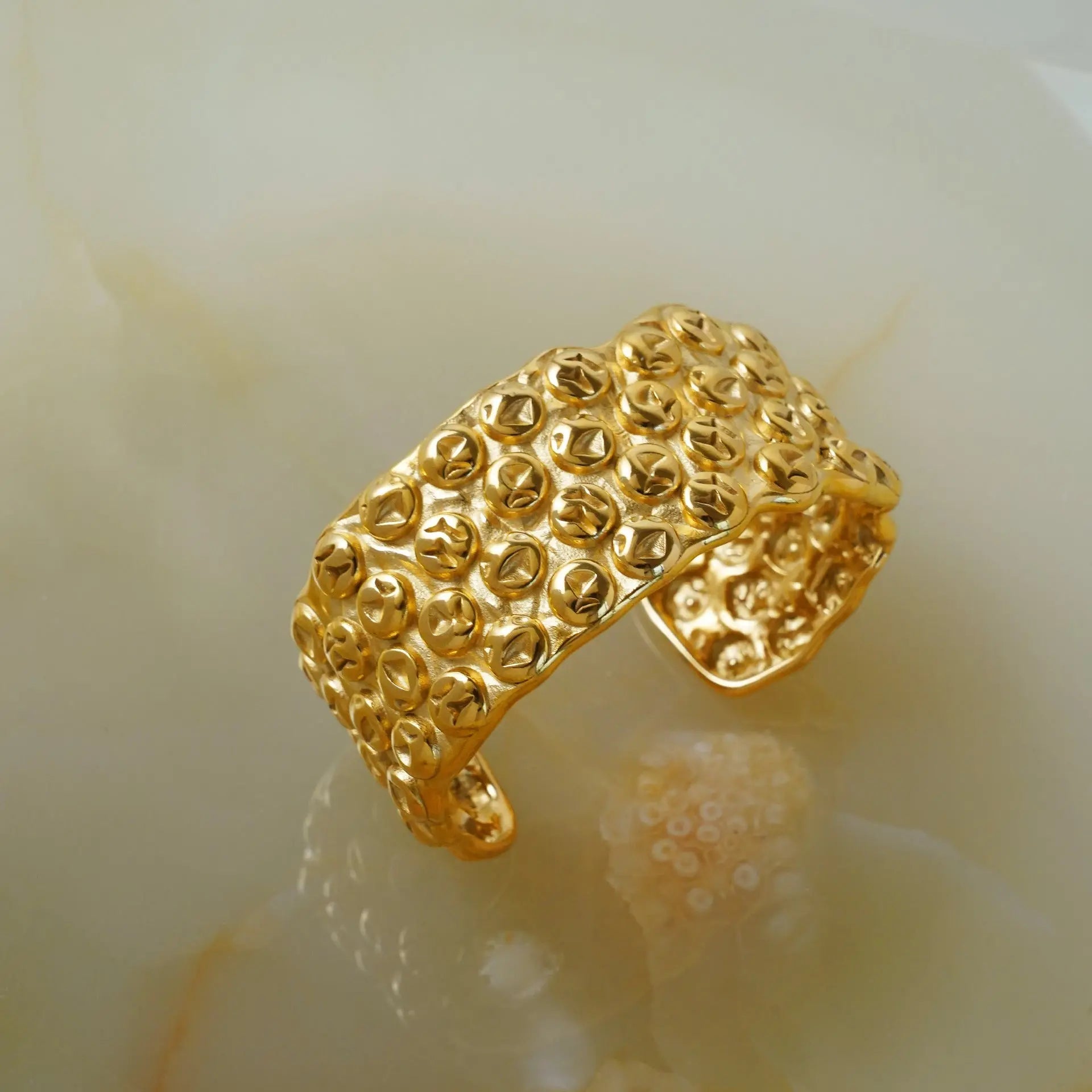 Women’s Titanium Steel Fashion Irregular Geometric Lava Hammered Wide Bracelet - Gold - electronic accessories