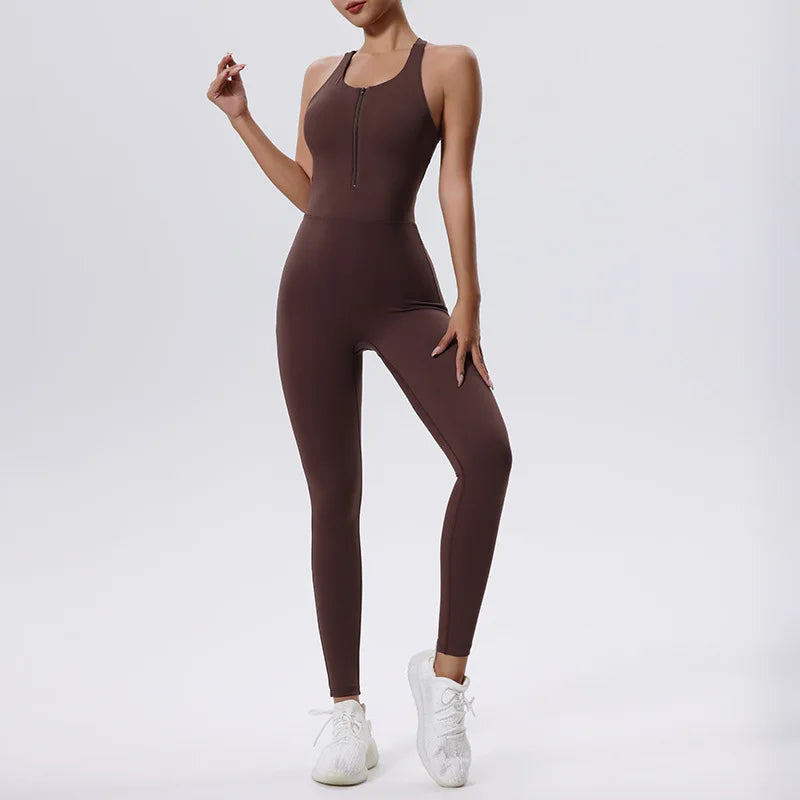Women’s Tracksuit Yoga Set Zipper Jumpsuits - Coffee color / L / CHINA