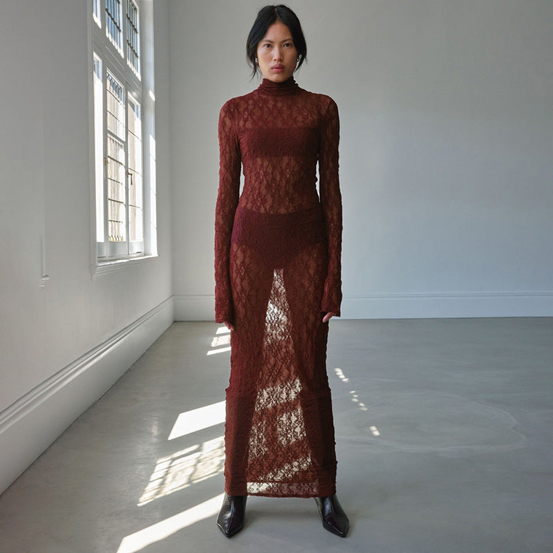 Women’s Turtleneck Lace Long Sleeve Dress - Other