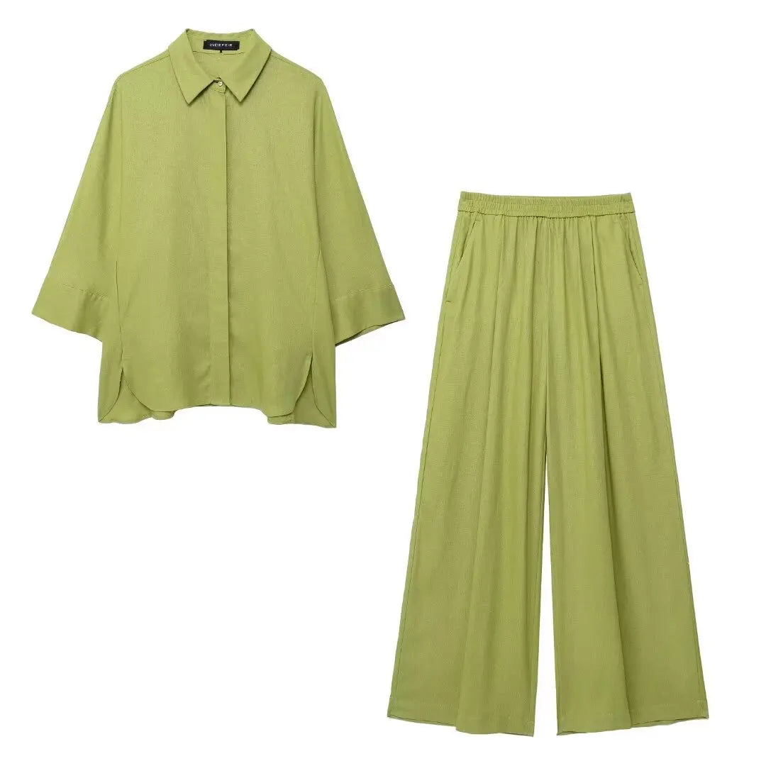 Women’s Two Piece Set Loose Single-Breasted Shirt Elastic Waist Pocket Folds Decorate Wide Leg Pants - Green / XXL