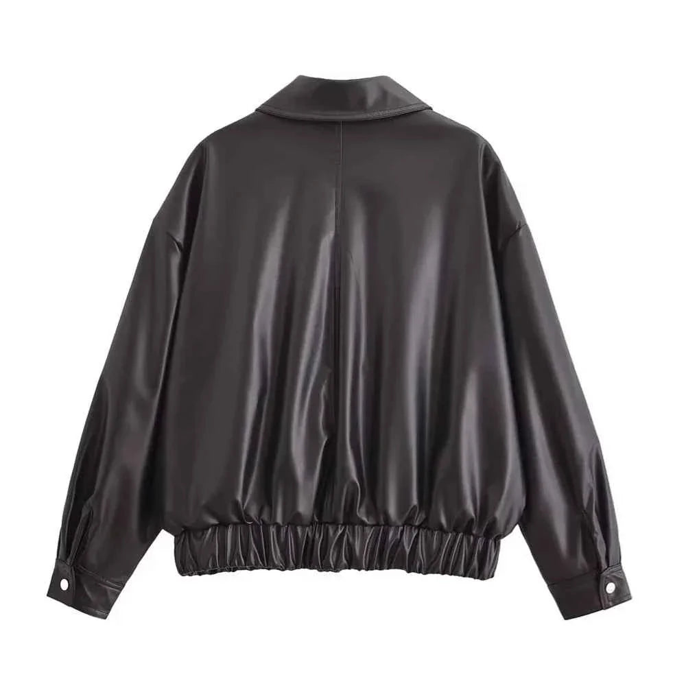 Women's Versatile Long Sleeve Imitation Leather Loose Jacket Coat
