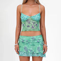Women’s Vintage Floral Pattern Camisole Crop Tops with Skirt 2 Pcs Set - L