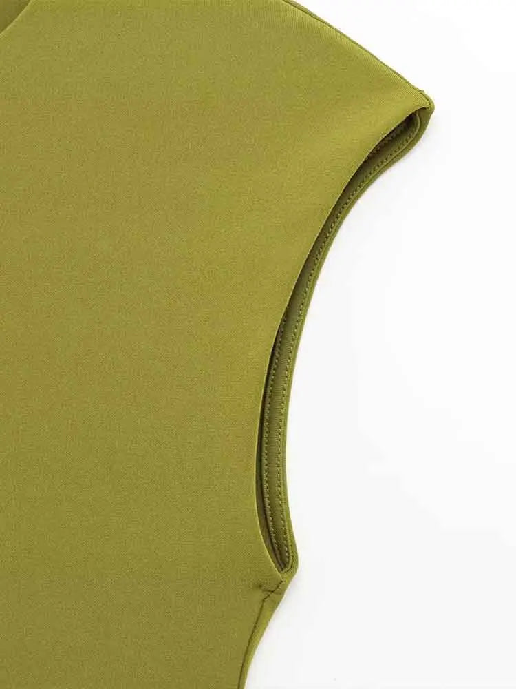 Women’s Waist Hollow Design Round Neck Sleeveless Long Dress - army green / L