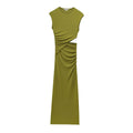 Women’s Waist Hollow Design Round Neck Sleeveless Long Dress - army green / L