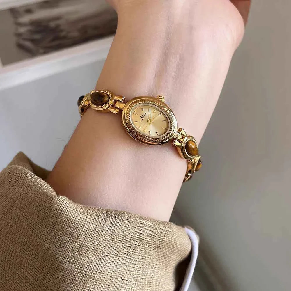 Women's Watch Natural Premium Jade Gold Silver Bracelet Quartz