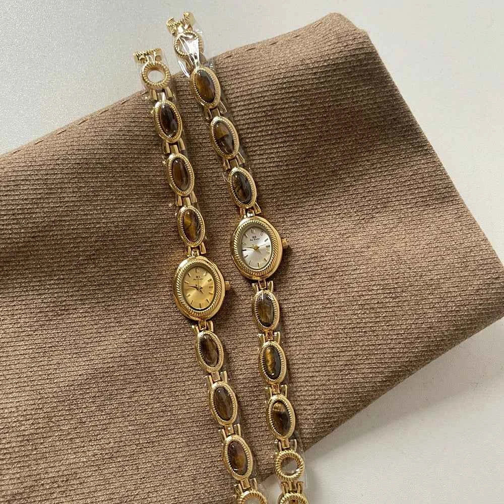 Women's Watch Natural Premium Jade Gold Silver Bracelet Quartz