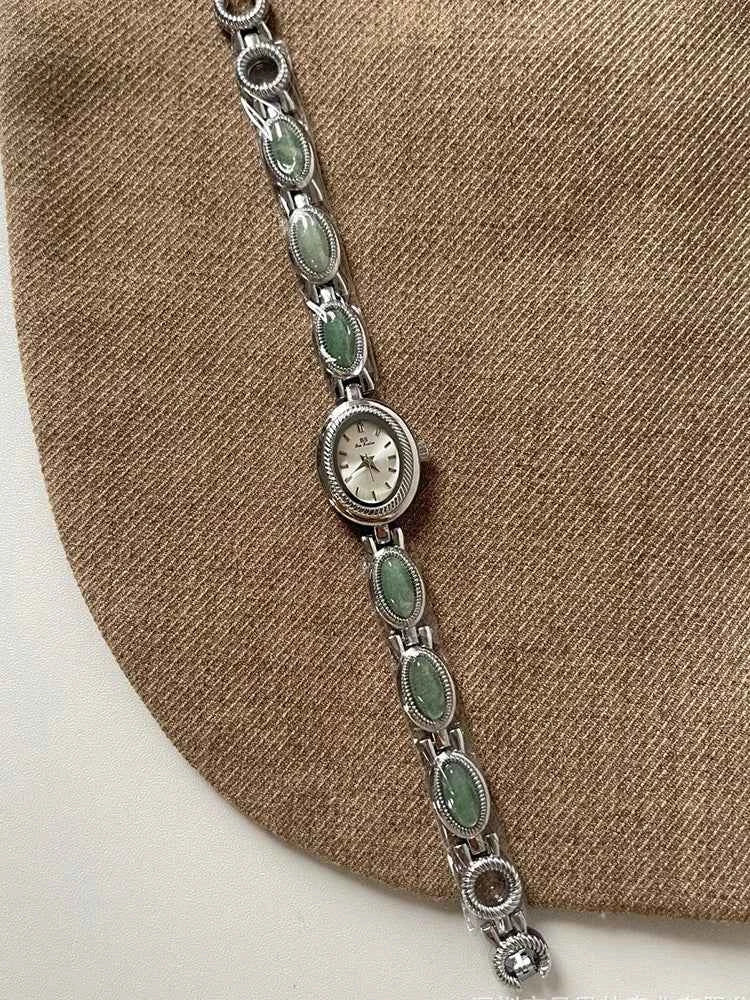 Women's Watch Natural Premium Jade Gold Silver Bracelet Quartz