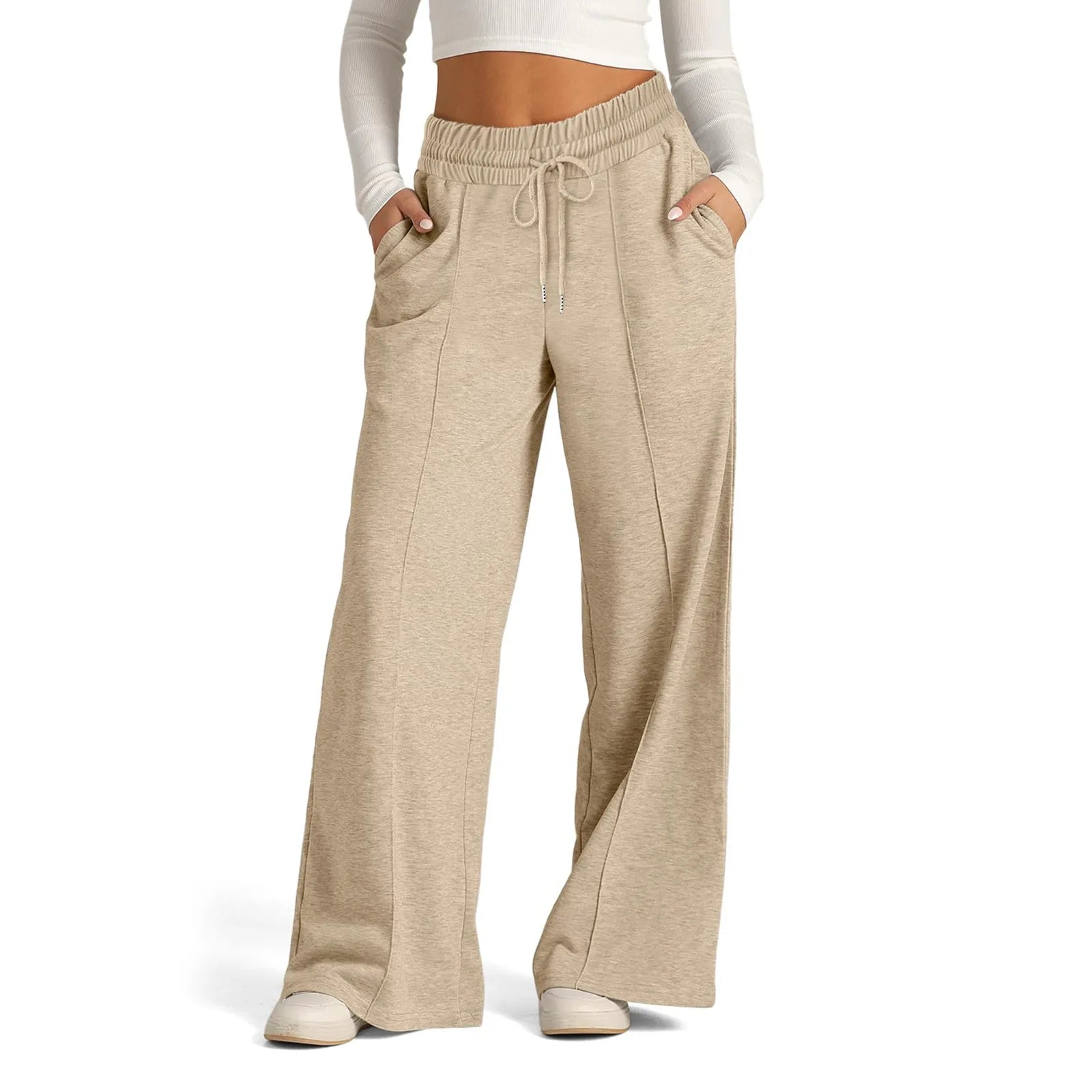 Womens Wide Leg Sweatpants High Waisted - khaki / S