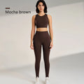 Women’s Yoga Suit Solid Color Sportswear Tight Top Leggings Tank Long Pants Set - Brown / M