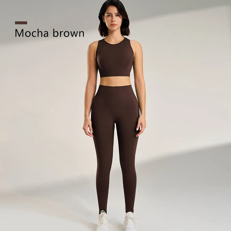 Women’s Yoga Suit Solid Color Sportswear Tight Top Leggings Tank Long Pants Set - Brown / M