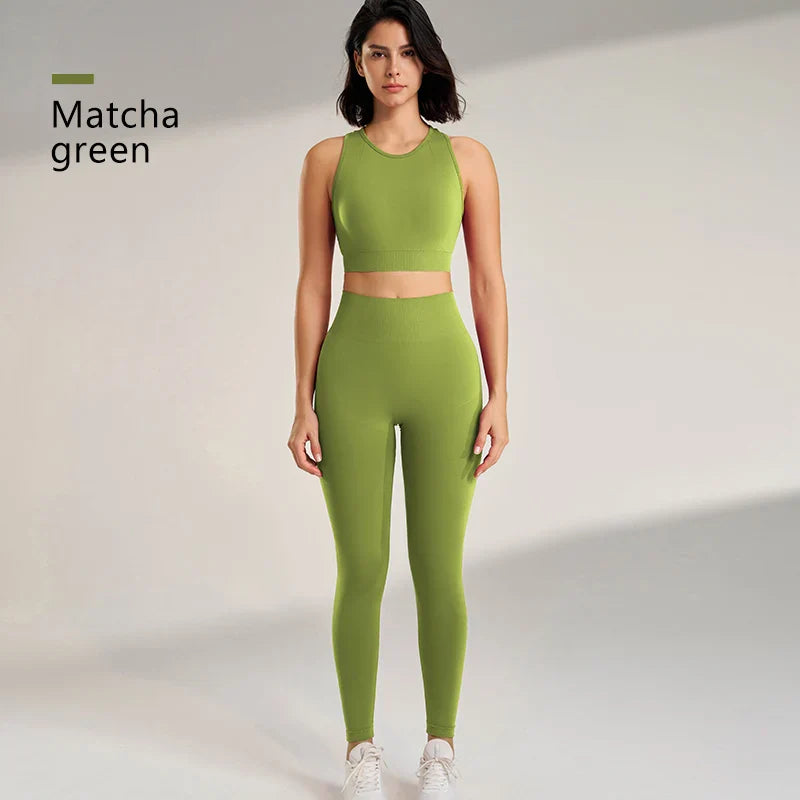 Women’s Yoga Suit Solid Color Sportswear Tight Top Leggings Tank Long Pants Set - Green / L