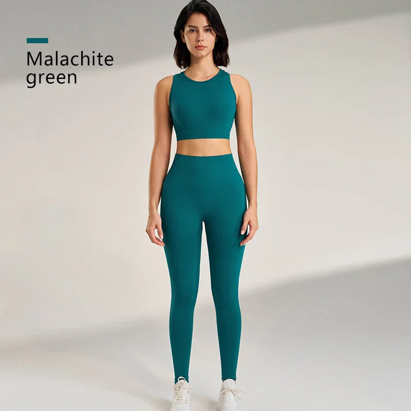 Women’s Yoga Suit Solid Color Sportswear Tight Top Leggings Tank Long Pants Set - Peacock green / L
