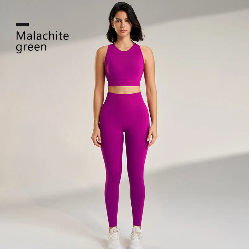 Women’s Yoga Suit Solid Color Sportswear Tight Top Leggings Tank Long Pants Set - Rose purple / S