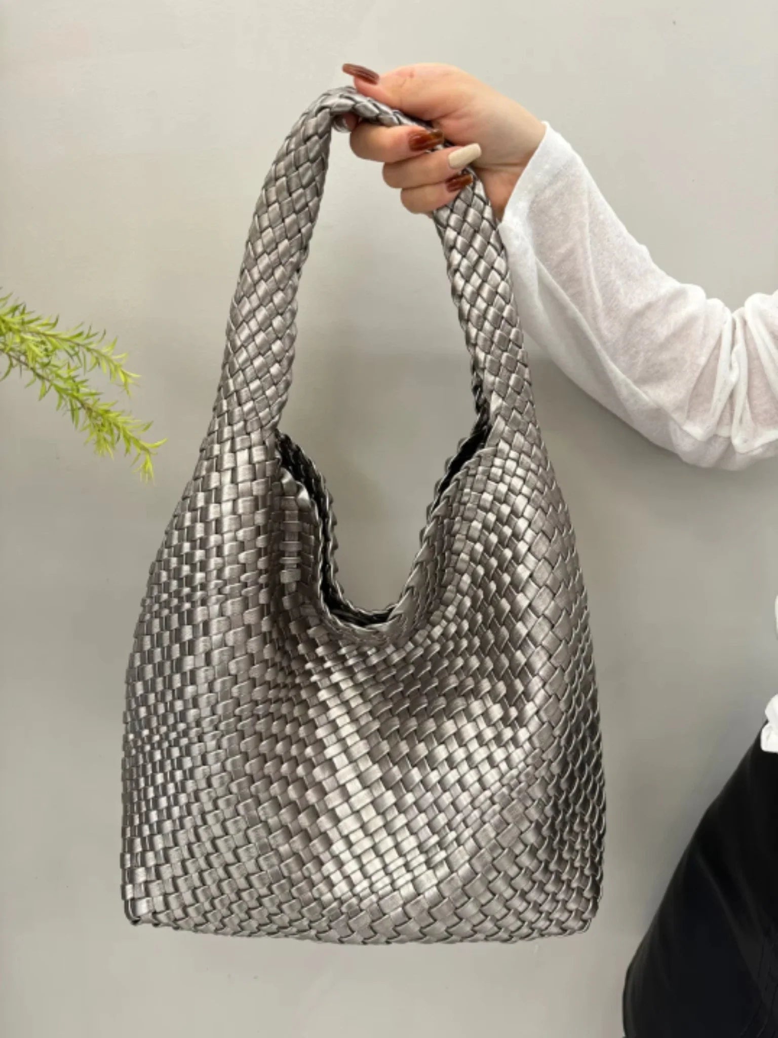 Woven Bag Purses and Handbags PU Leather For Women - Sliver / 30cmx15cmx34cm / CHINA