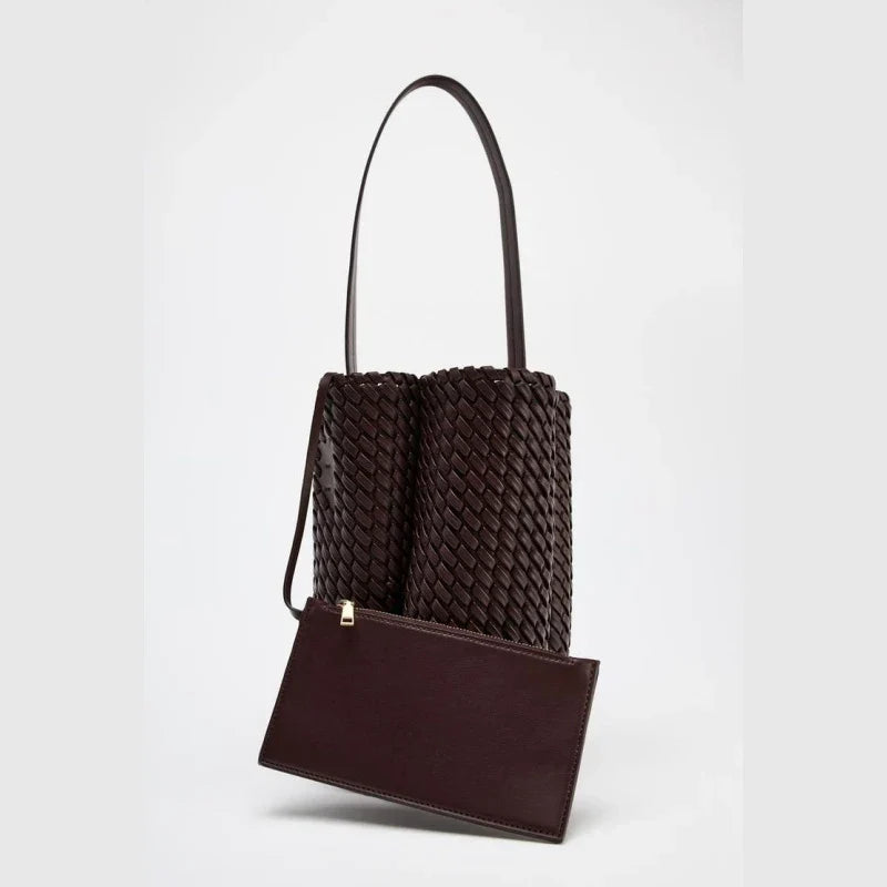 Woven Effect Bucket Bag - Chocolate