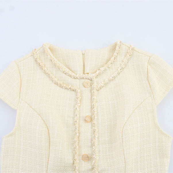 Woven Pleated Temperament Crew Neck Dress - Other