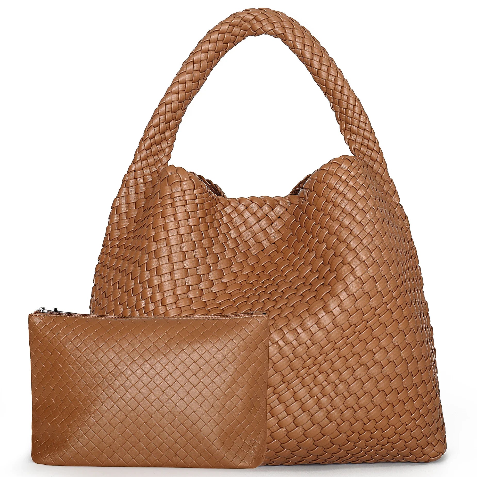 Woven Tote Bag for Women Large Handbag Soft Leather - Brown