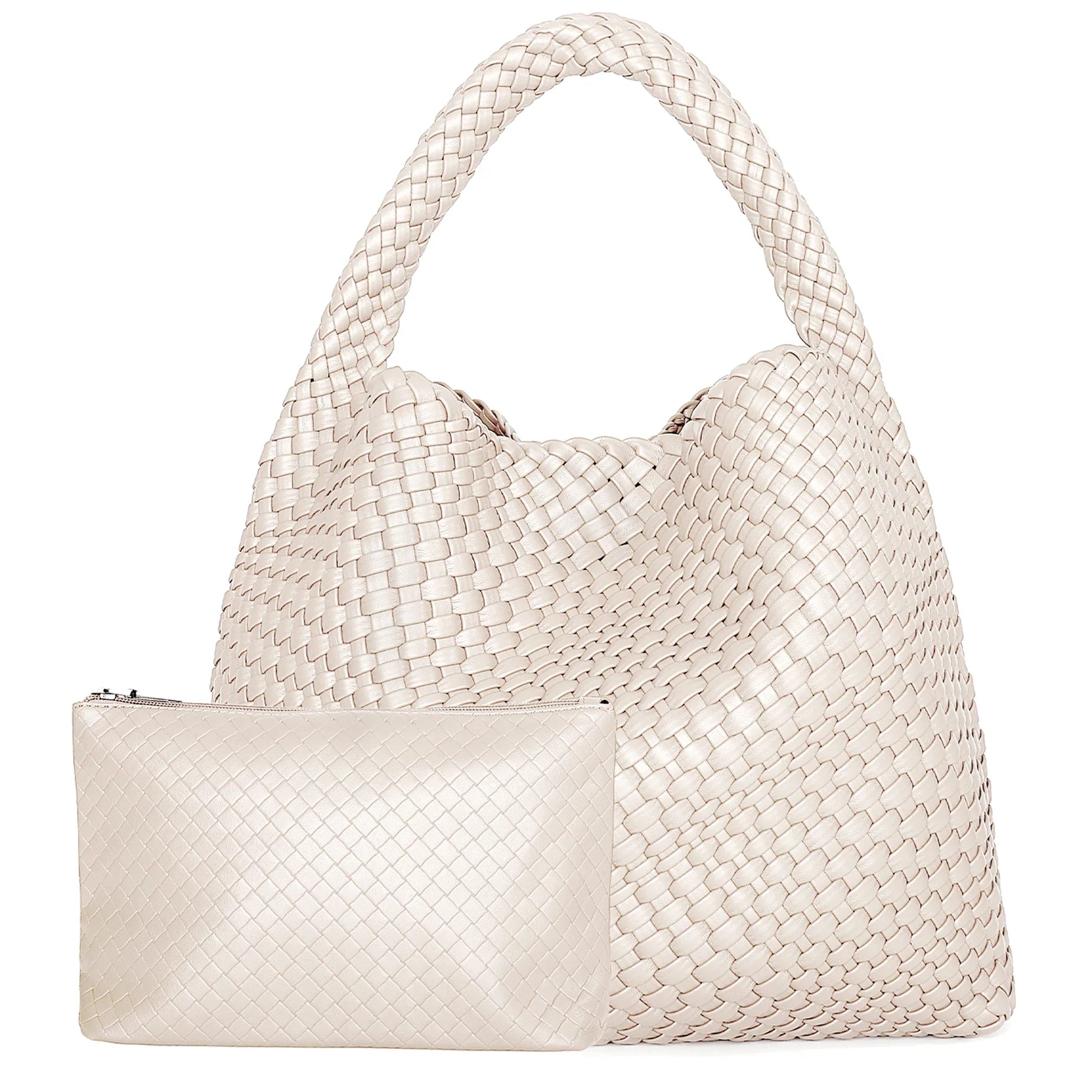 Woven Tote Bag for Women Soft Leather Shoulder - Beige