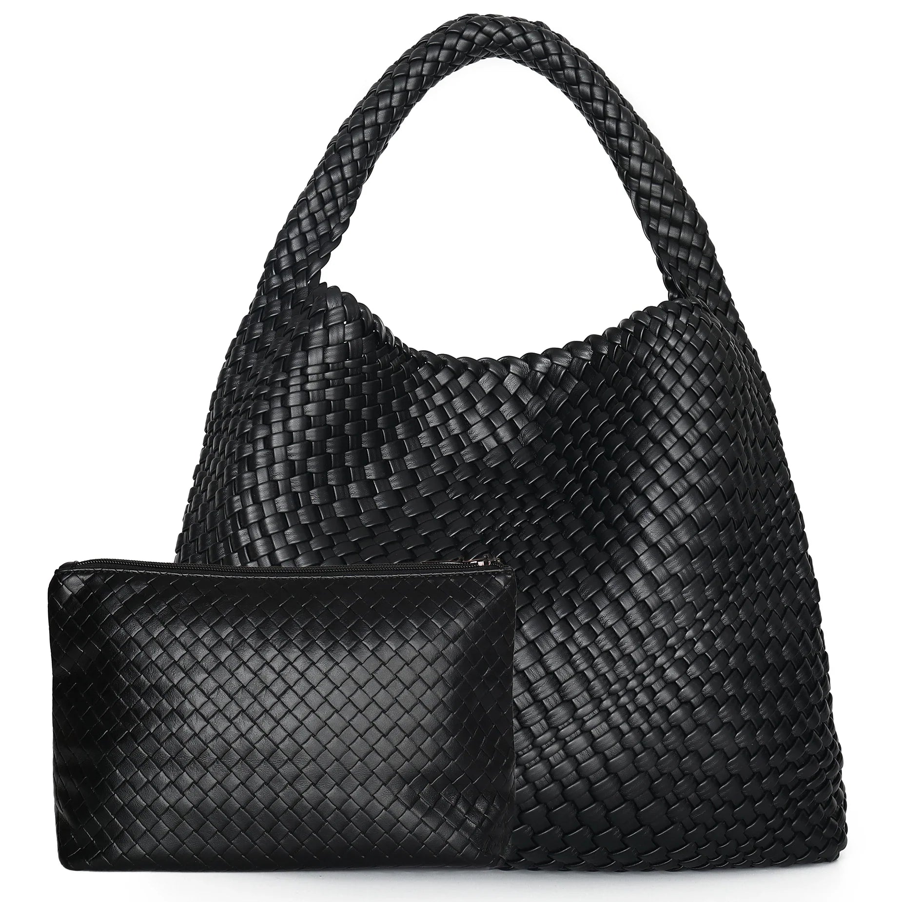 Woven Tote Bag for Women Soft Leather Shoulder - Black