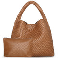Woven Tote Bag for Women Soft Leather Shoulder - Brown