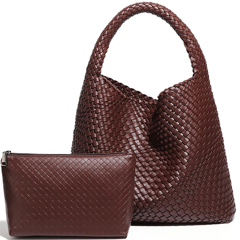 Woven Tote Bag for Women Soft Leather Shoulder - Dark Coffee