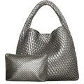 Woven Tote Bag for Women Soft Leather Shoulder - Silver