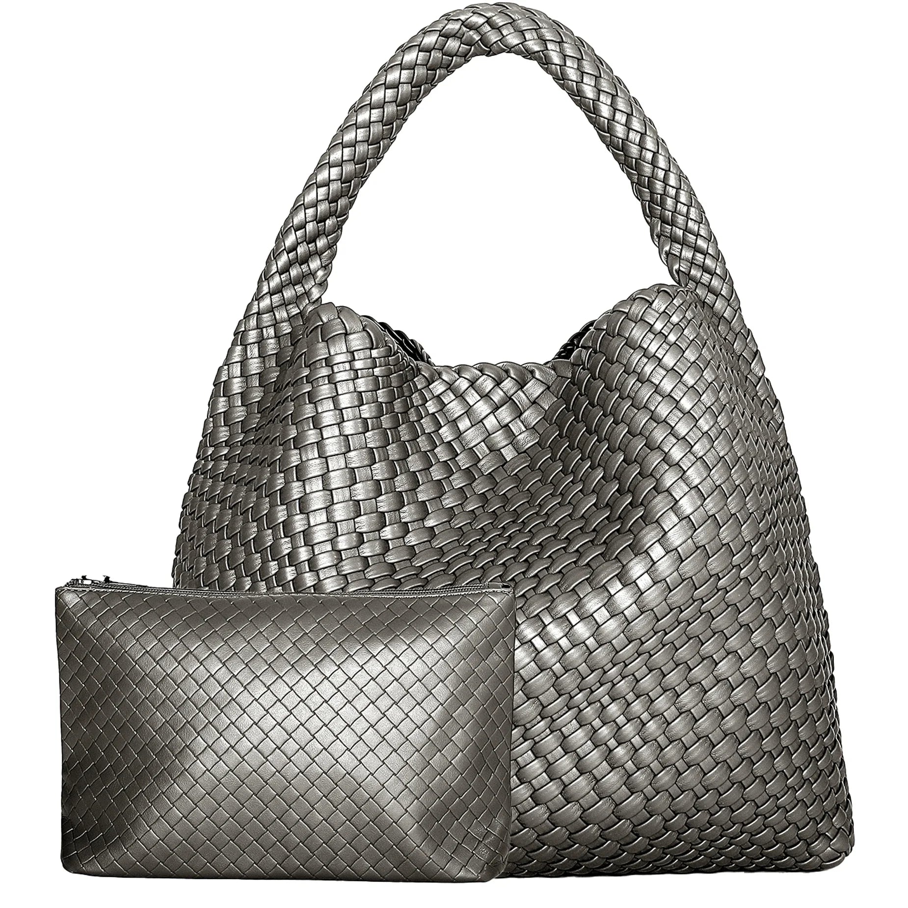 Woven Tote Bag for Women Soft Leather Shoulder - Silver