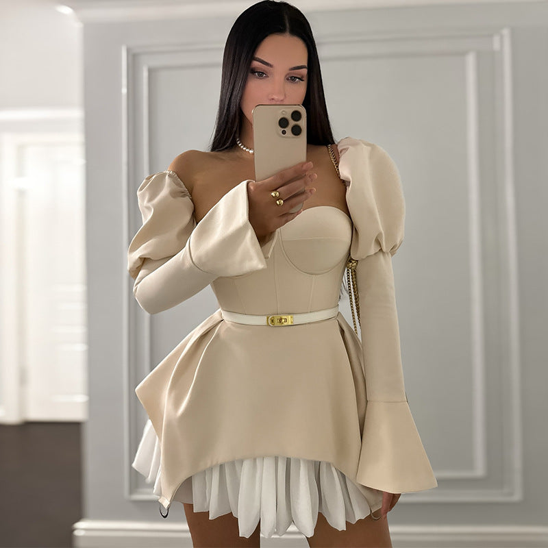 Wrapped Chest Stitching Irregular Puff Sleeve Dress Skirt - electronic accessories