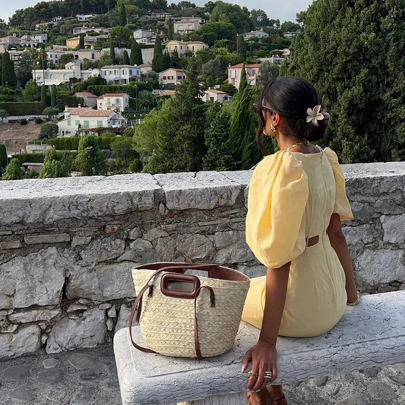 Yellow Puff Sleeve Hollow A-line Dress