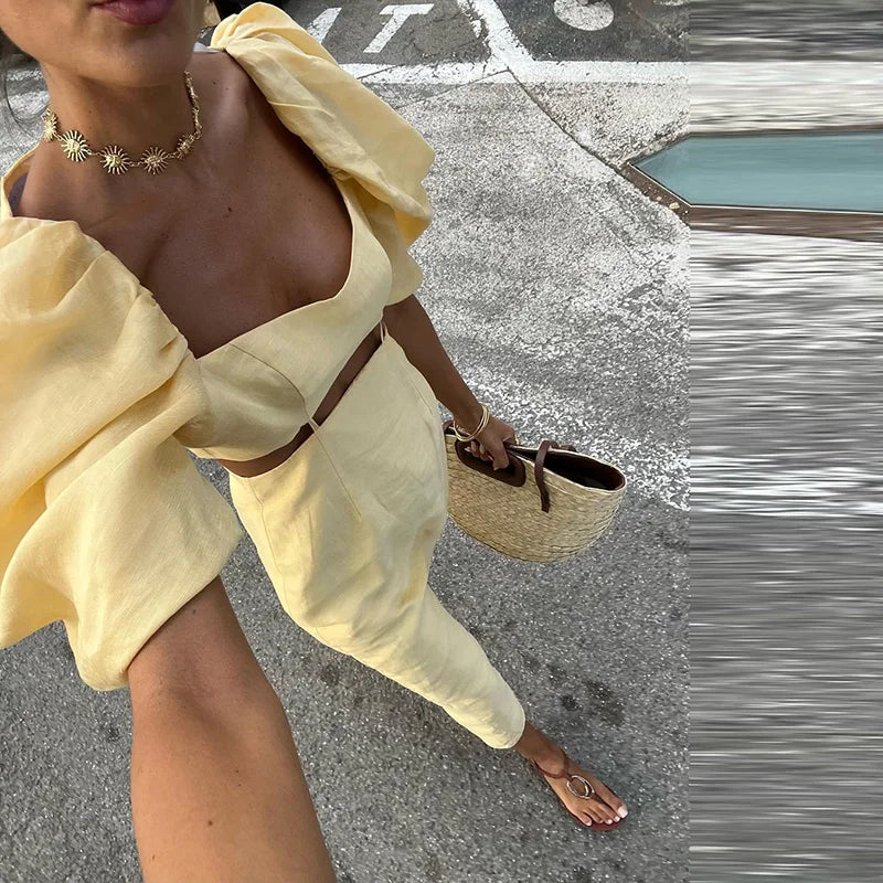 Yellow Puff Sleeve Hollow A-line Dress