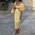 Yellow Puff Sleeve Hollow A-line Dress