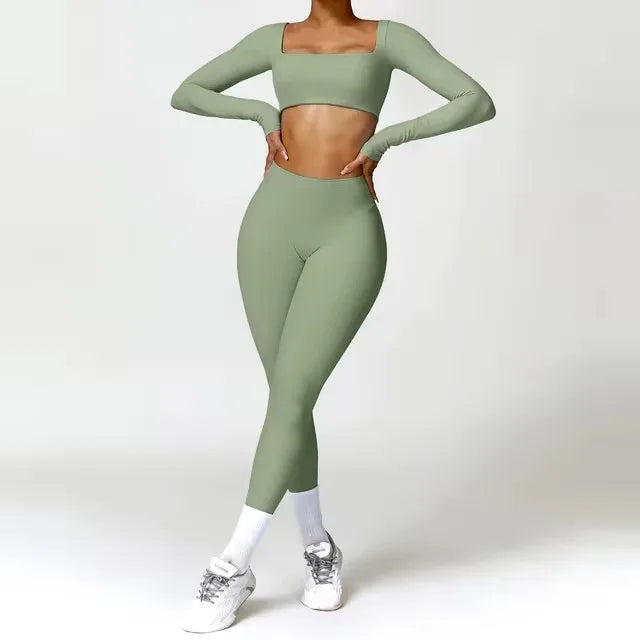 Yoga Set 2PCS Sportswear Workout Clothes - basil green 3 / S / CHINA