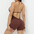 Yoga Set Backless One-Piece Suit Workout Jumpsuit Women Short Gym Rompers - chocolate / L / CHINA