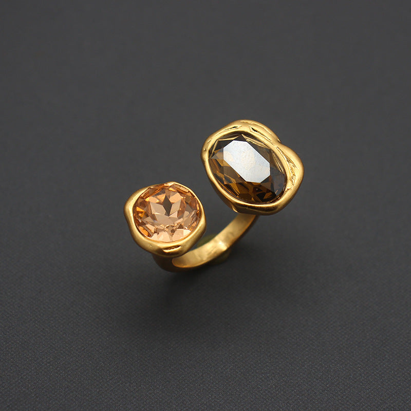 Zhonggu Rhinestone Simple Bracelet Ring Opening Adjustable Large Gem - Champagne Gray - electronic accessories