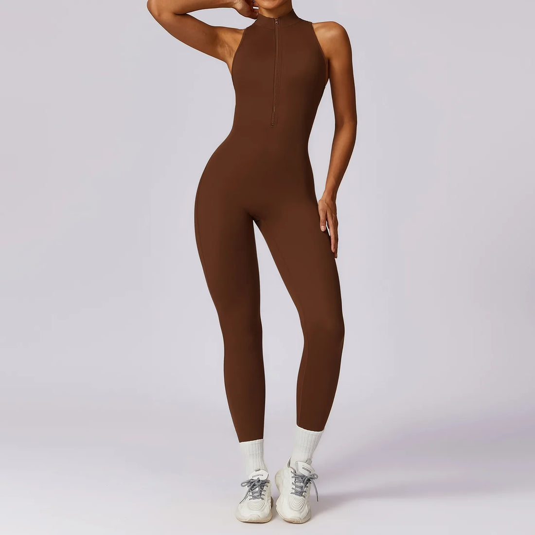 Zipper Women Sports Jumpsuit One-piece Suit - Huacha Brown / XL / CHINA