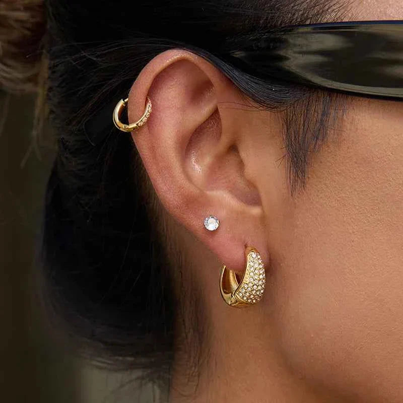 Zircon Chunky Hoop Earrings Stainless Steel